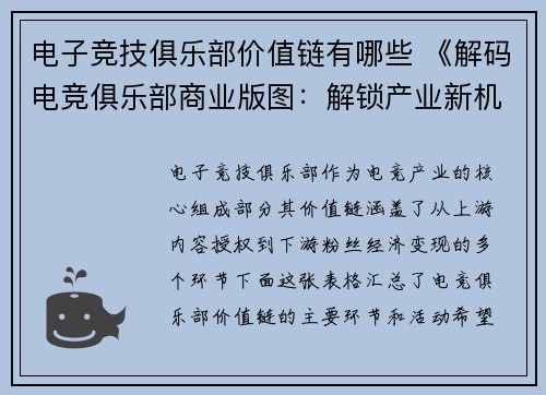 电子竞技俱乐部价值链有哪些 《解码电竞俱乐部商业版图：解锁产业新机遇》